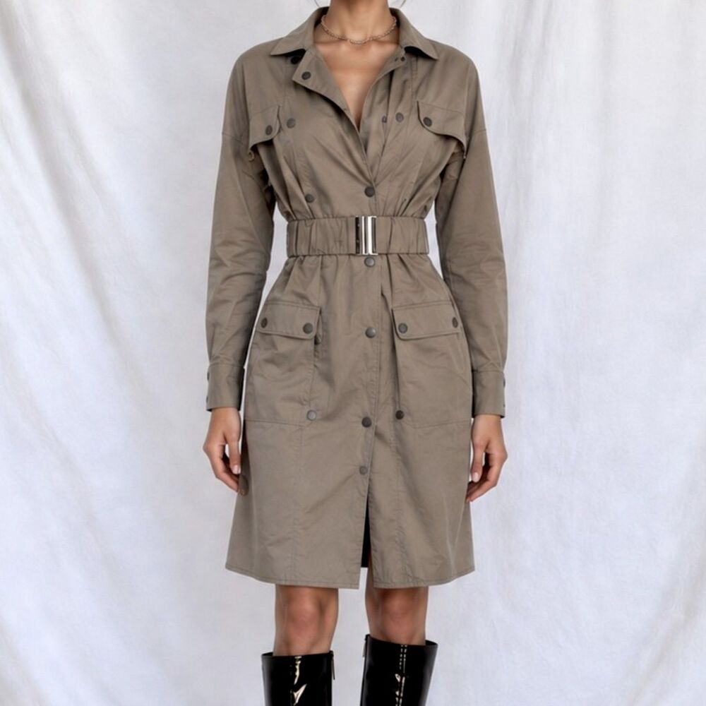 Olive Green Utility Shirt Dress Belted Safari Dress Long Sleeve Knee Length S